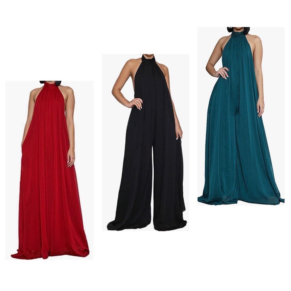 New Beautiful Halter Neck, Backless, Wide Leg Chiffon Jumpsuit - Red,Teal,Black